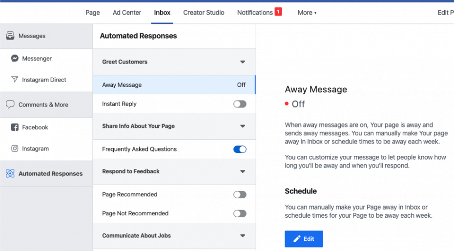 set up facebook messenger away message
